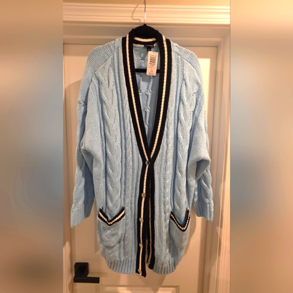 Torrid Light Blue Cable Knit Cardigan with Contrast Trim